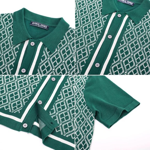 Men's Pure Green Viscose 70s Vintage Short Sleeve Contrast Knitted Polo Shirts - Picture 5 of 6